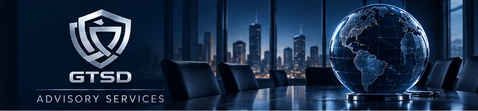 GTSD Advisory Services: strategic boardroom overlooking a city skyline with a global risk map.