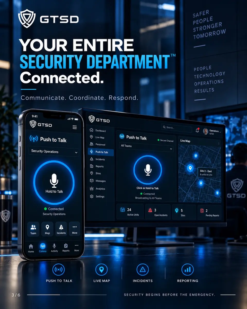 GTSD Security OS command dashboard and mobile Push to Talk interface.
